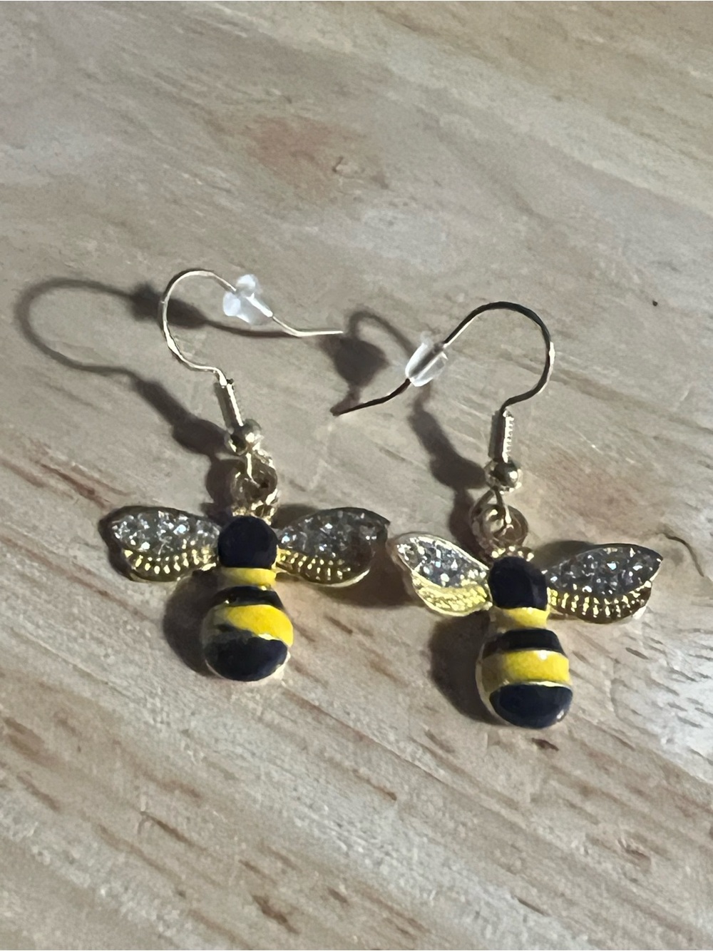 Gold Bee Dangle Earrings with Black and Yellow Enamel E190